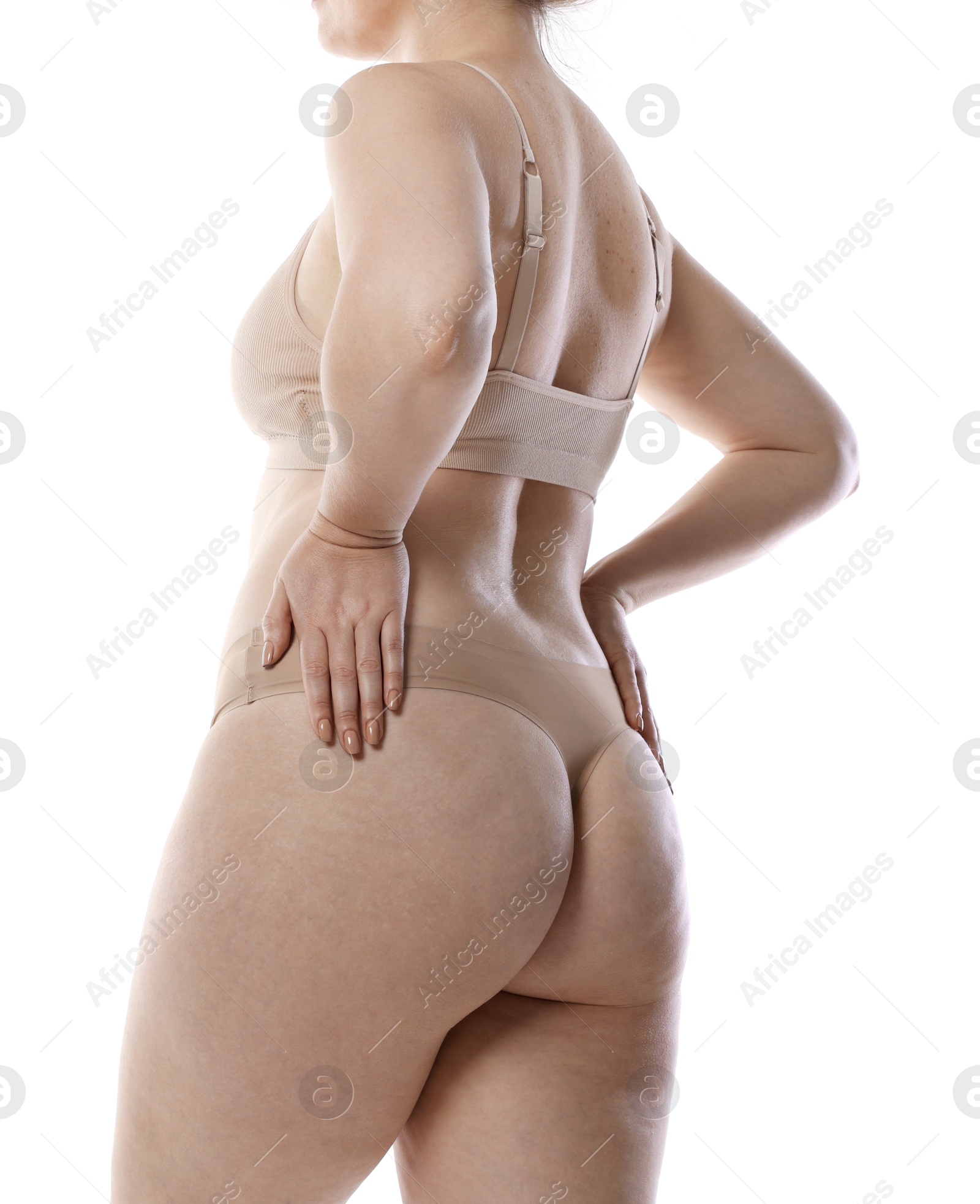 Photo of Liposuction. Woman in underwear on white background, closeup
