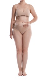 Photo of Liposuction. Woman in underwear touching her belly on white background, closeup