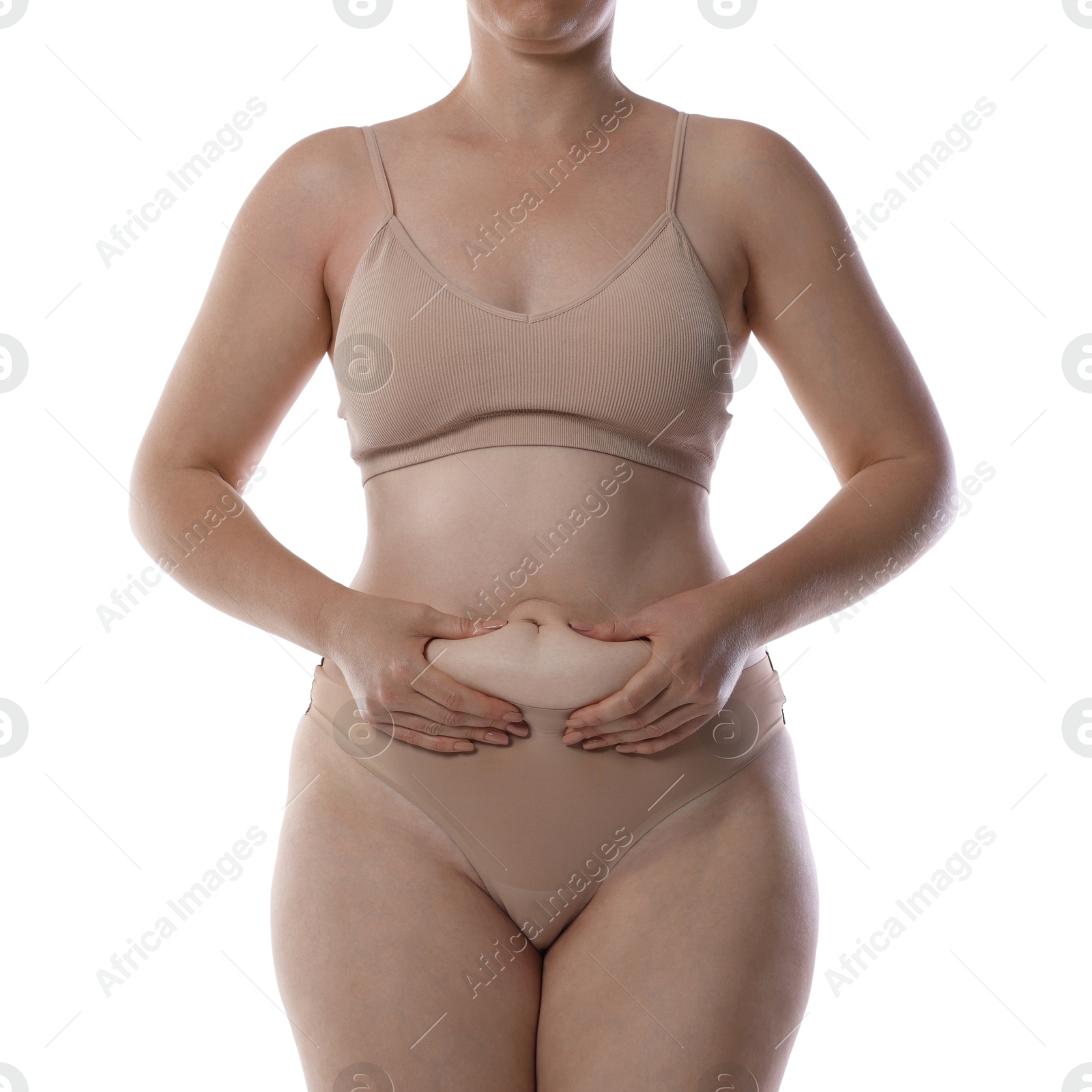 Photo of Liposuction. Woman in underwear touching her belly on white background, closeup