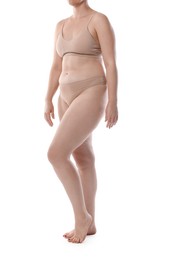 Photo of Liposuction. Woman in underwear on white background, closeup