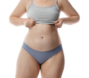 Photo of Liposuction. Woman in underwear on white background, closeup