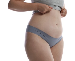 Photo of Liposuction. Woman in underwear on white background, closeup