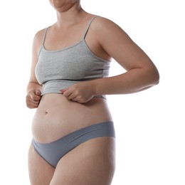 Photo of Liposuction. Woman in underwear on white background, closeup