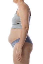 Photo of Liposuction. Woman in underwear on white background, closeup