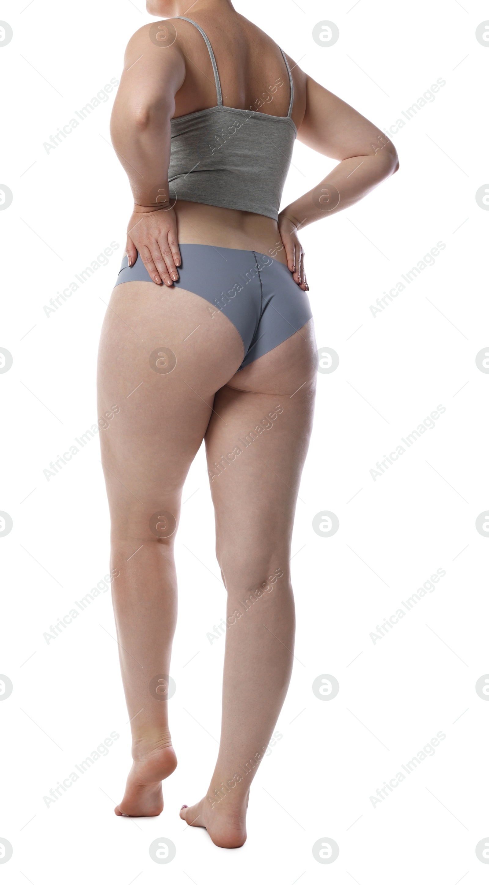 Photo of Liposuction. Woman in underwear on white background, back view