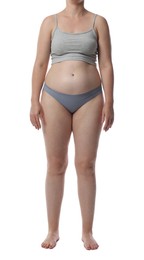 Photo of Liposuction. Woman in underwear on white background, closeup