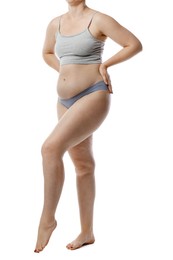 Photo of Liposuction. Woman in underwear on white background, closeup