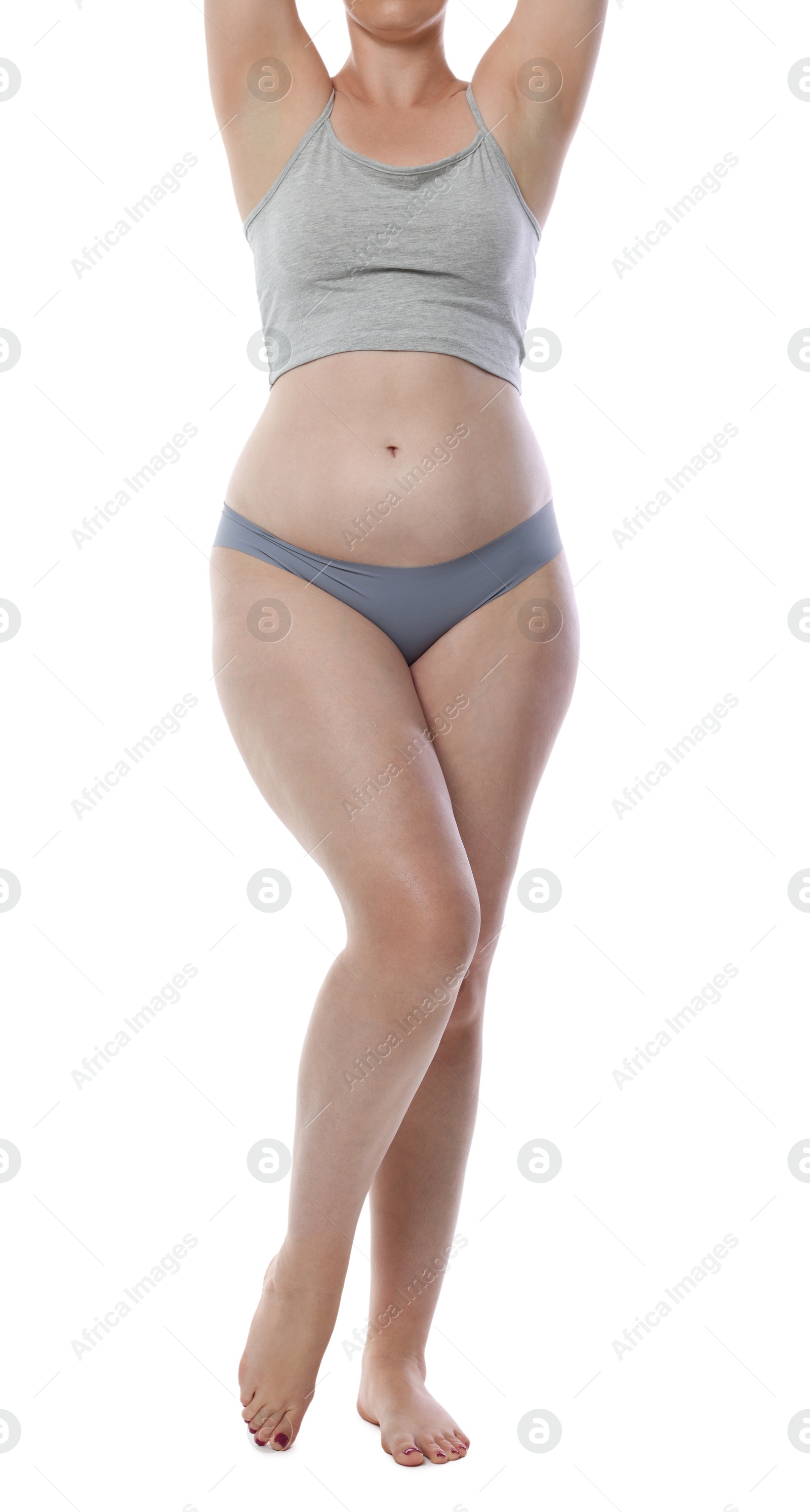Photo of Liposuction. Woman in underwear on white background, closeup