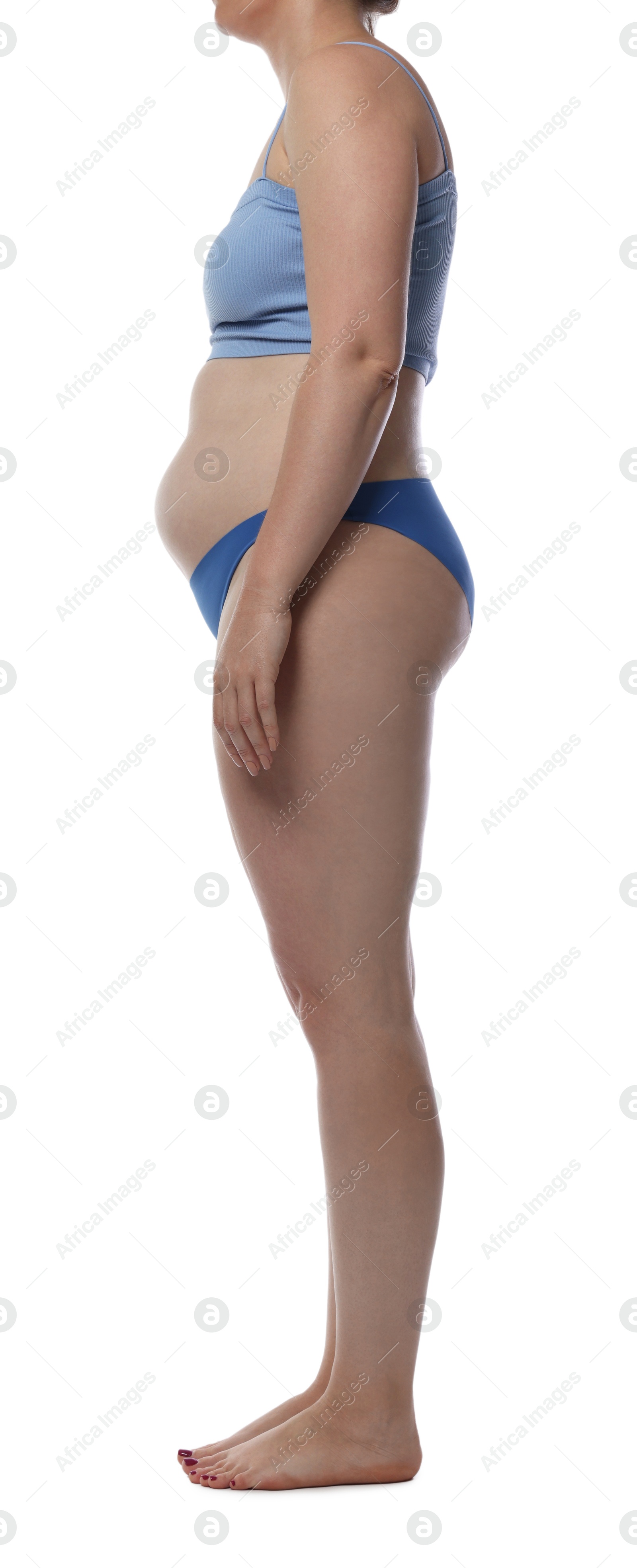 Photo of Liposuction. Woman in underwear on white background, closeup
