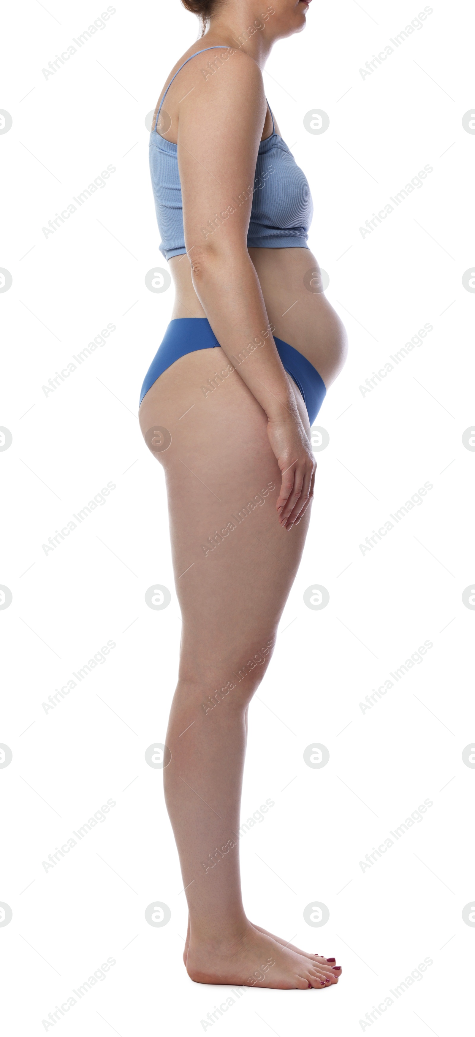 Photo of Liposuction. Woman in underwear on white background, closeup