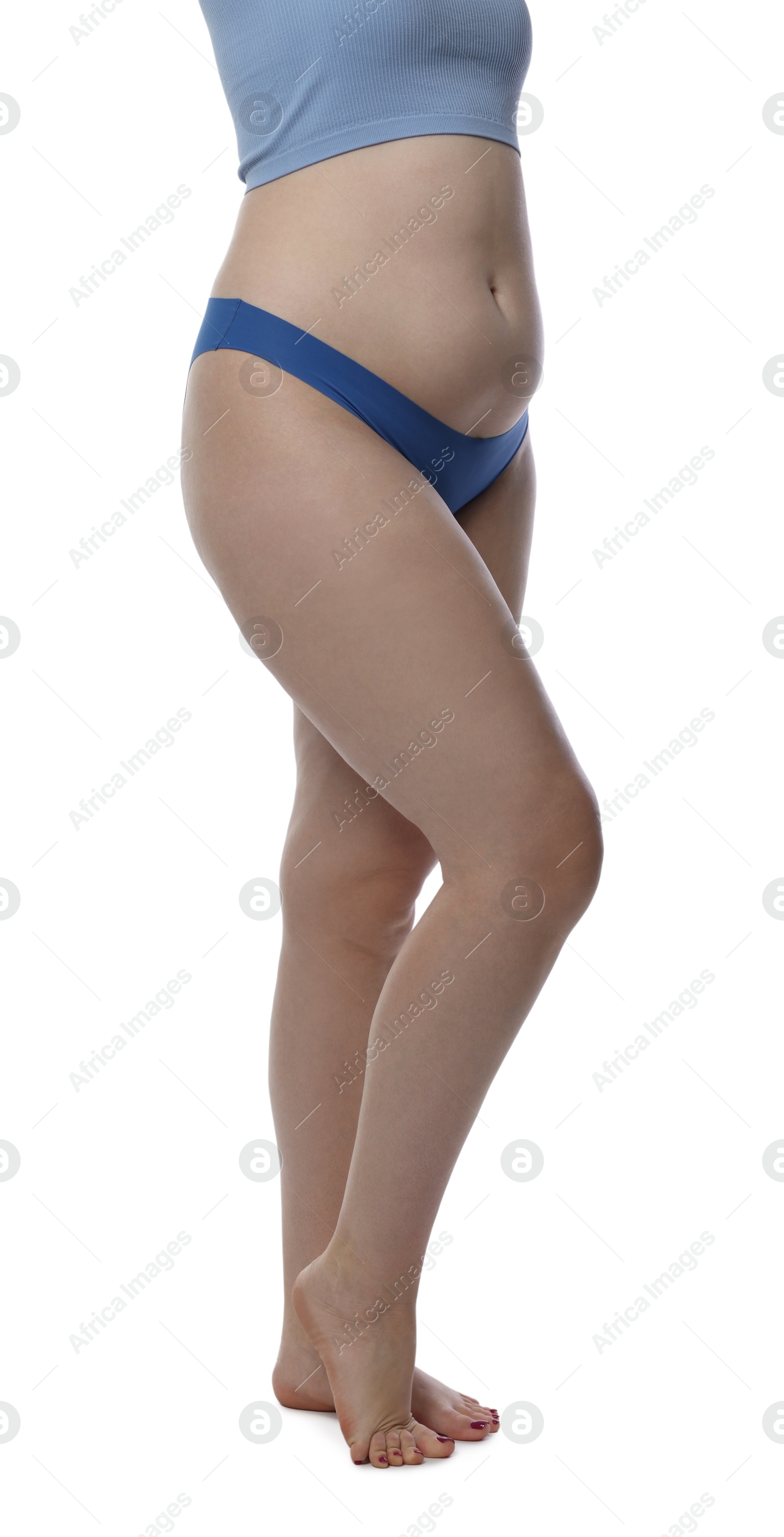 Photo of Liposuction. Woman in underwear on white background, closeup