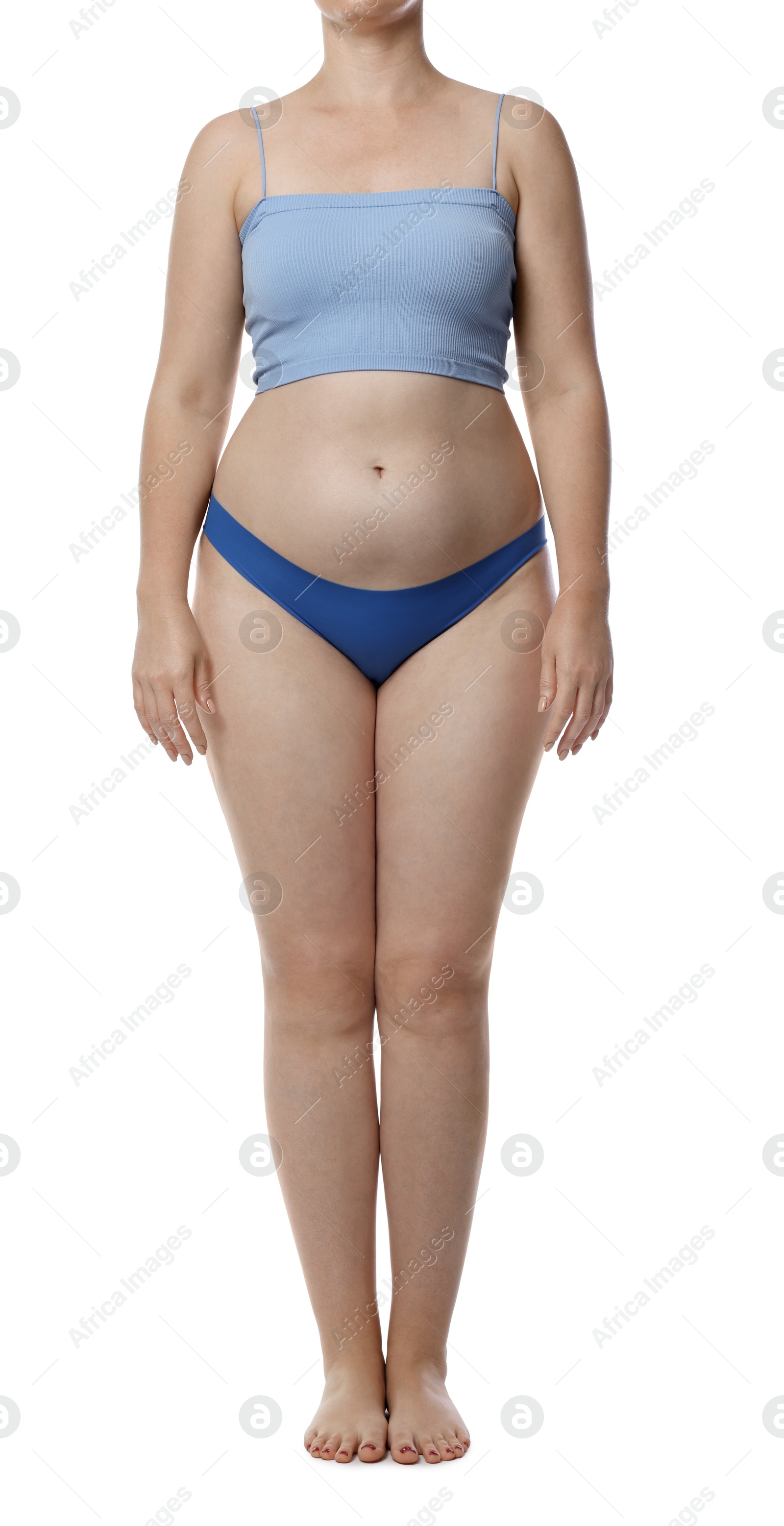 Photo of Liposuction. Woman in underwear on white background, closeup