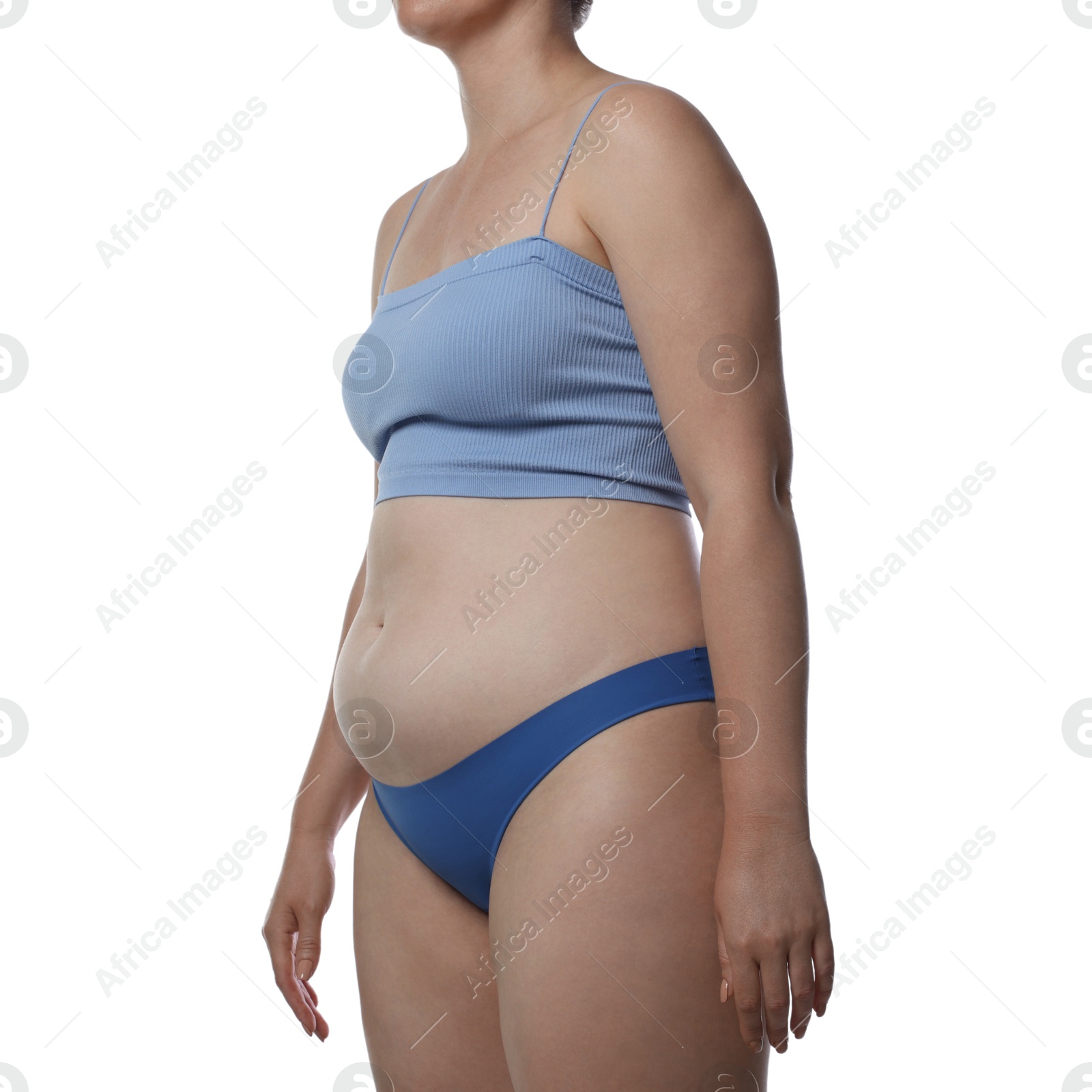 Photo of Liposuction. Woman in underwear on white background
