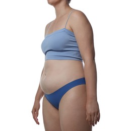 Photo of Liposuction. Woman in underwear on white background