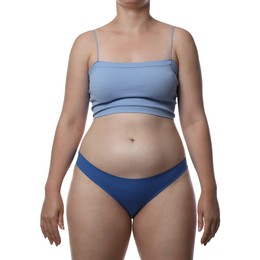 Photo of Liposuction. Woman in underwear on white background