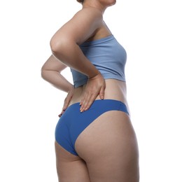 Photo of Liposuction. Woman in underwear on white background