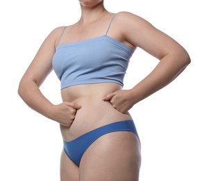 Photo of Liposuction. Woman in underwear on white background
