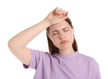 Photo of Young woman suffering from headache on white background
