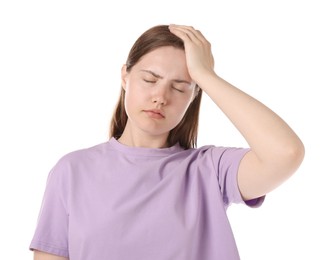 Photo of Young woman suffering from headache on white background