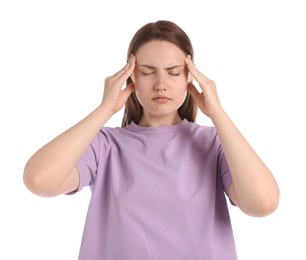 Photo of Young woman suffering from headache on white background