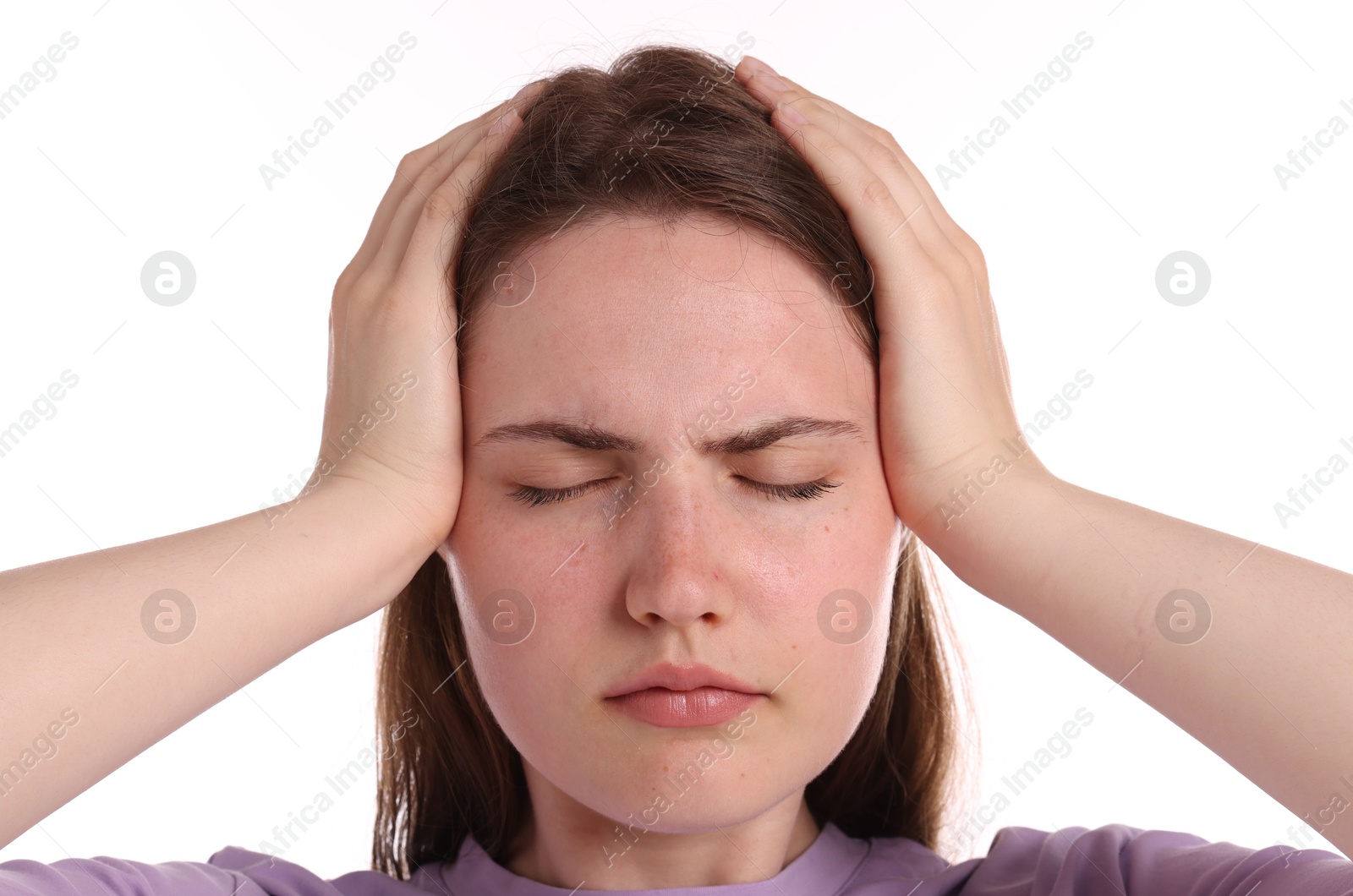 Photo of Young woman suffering from headache on white background