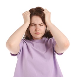 Photo of Young woman suffering from headache on white background