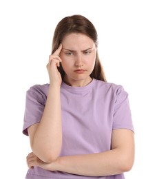 Photo of Young woman suffering from headache on white background
