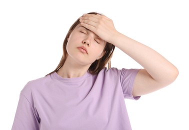 Photo of Young woman suffering from headache on white background