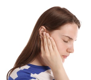 Photo of Young woman suffering from headache on white background