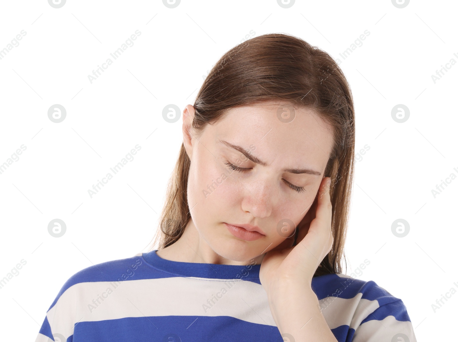 Young woman suffering from headache on white background Photo of Young woman suffering from headache on white background