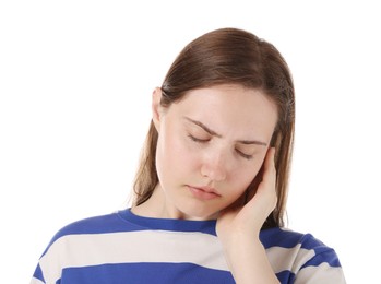 Photo of Young woman suffering from headache on white background