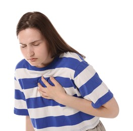 Photo of Young woman suffering from chest pain on white background
