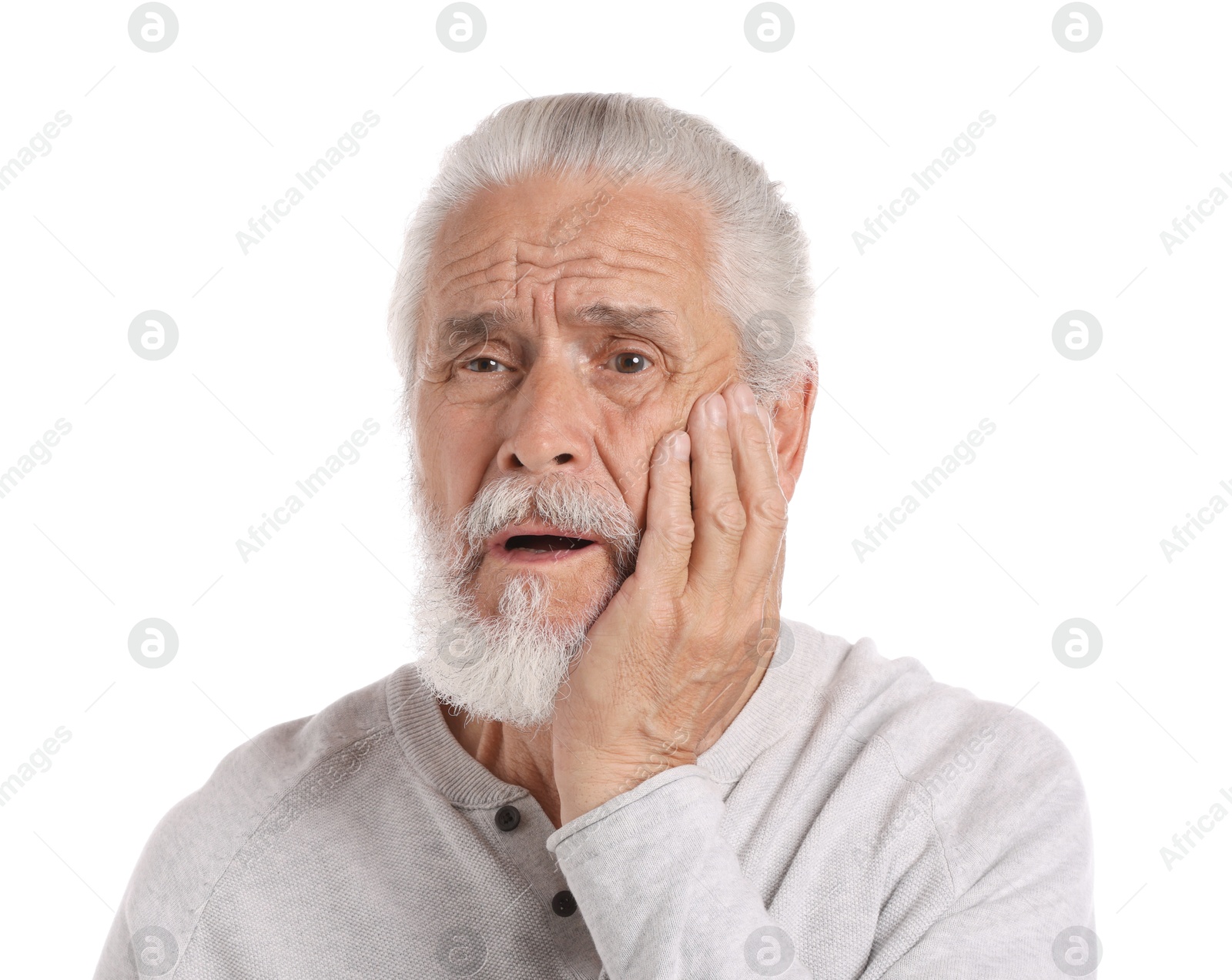 Photo of Senior man suffering from toothache on white background
