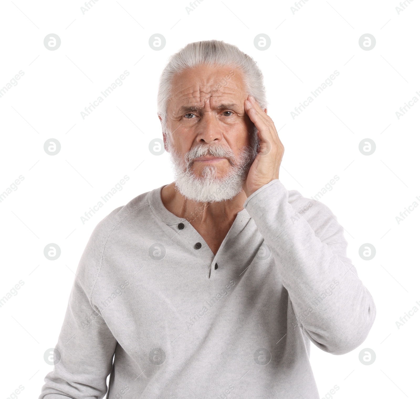 Photo of Senior man suffering from headache on white background