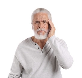 Photo of Senior man suffering from headache on white background