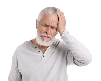 Photo of Senior man suffering from headache on white background