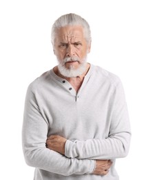 Photo of Senior man suffering from stomachache on white background