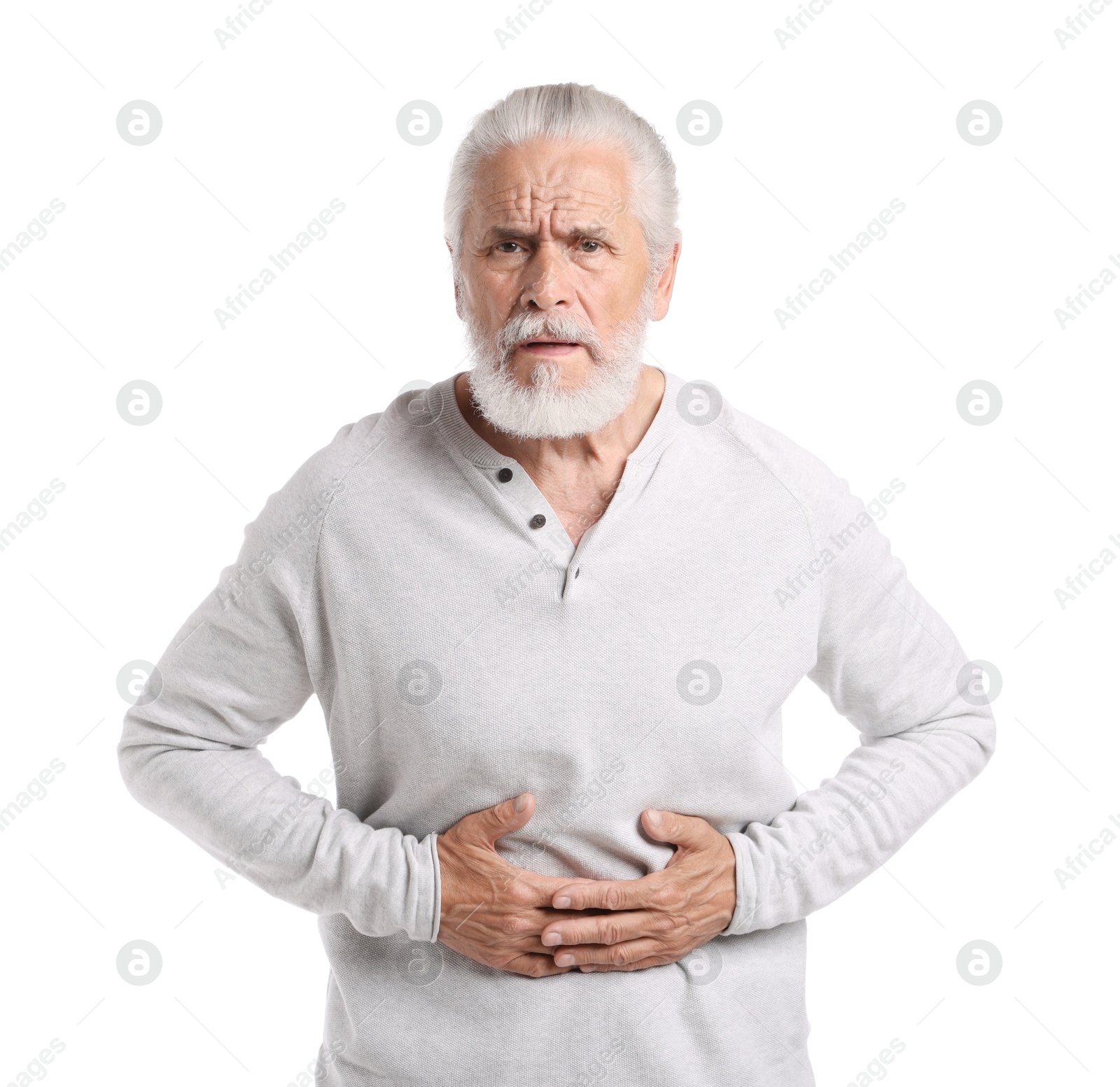 Photo of Senior man suffering from stomachache on white background
