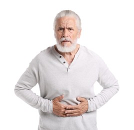 Photo of Senior man suffering from stomachache on white background
