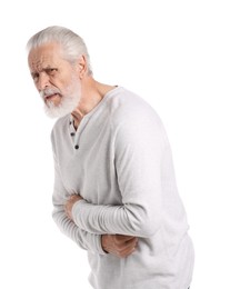 Photo of Senior man suffering from stomachache on white background