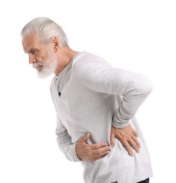 Photo of Senior man suffering from stomachache on white background