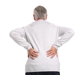 Photo of Senior man suffering from back pain on white background