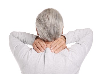 Photo of Senior man suffering from neck pain on white background, back view