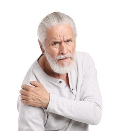 Photo of Senior man suffering from shoulder pain on white background