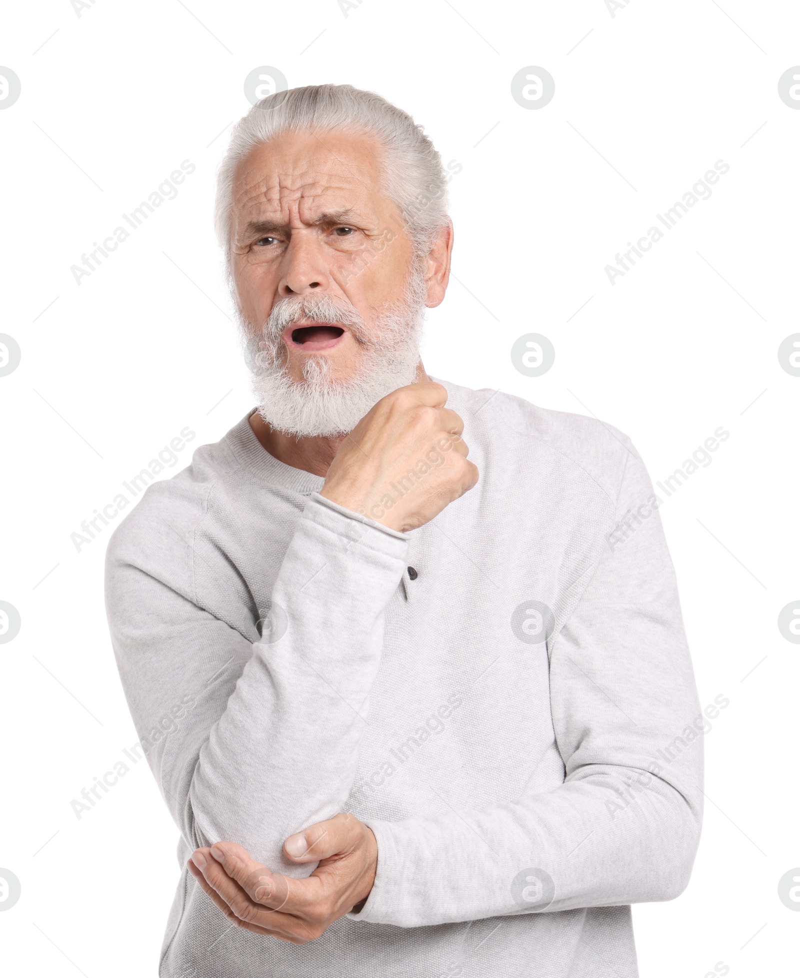 Photo of Senior man suffering from elbow pain on white background