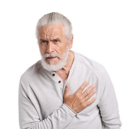 Photo of Senior man suffering from chest pain on white background