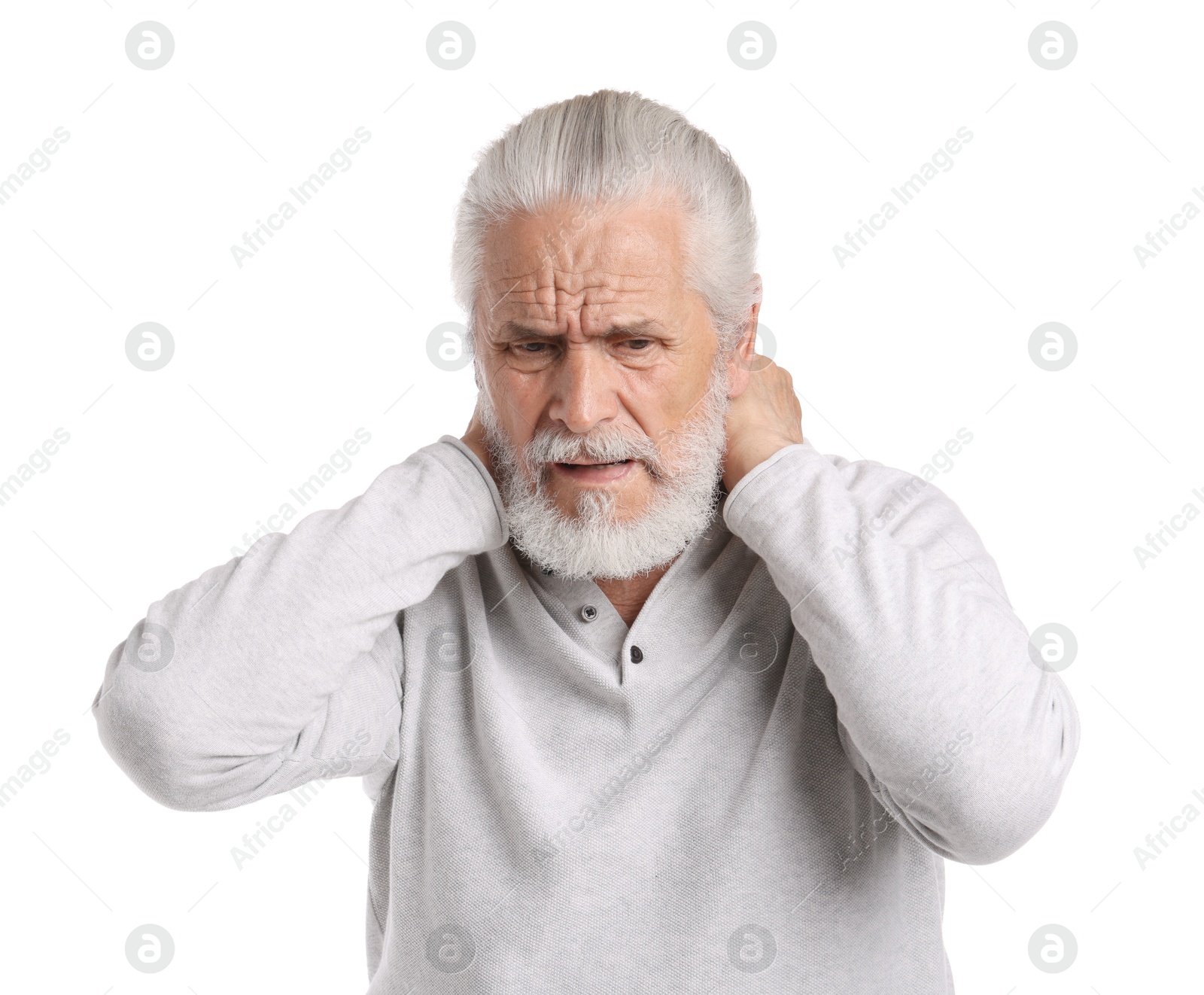 Photo of Senior man suffering from neck pain on white background