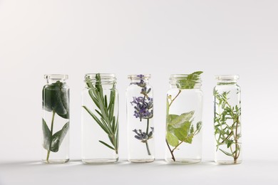 Photo of Essential oils with different plants in bottles on light grey background