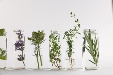 Photo of Essential oils with different plants in bottles on light grey background