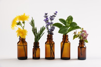 Photo of Essential oils with different plants in bottles on light grey background